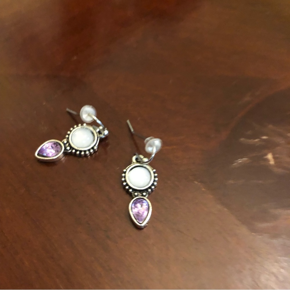 Yaomiao Crystal Dangle Circle/Water Drop Earrings White/Purple W - Picture 5 of 9
